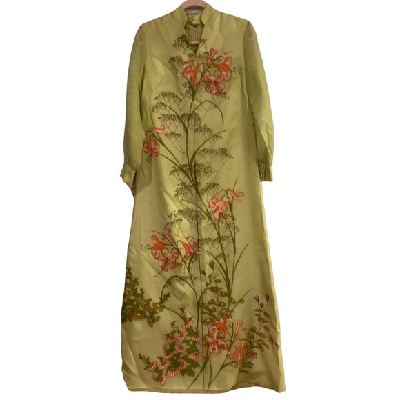 Vintage Dresses & Skirts - Vintage 60's Alfred Shaeen Hawaiian Lime Floral Kaftan Maxi Dress